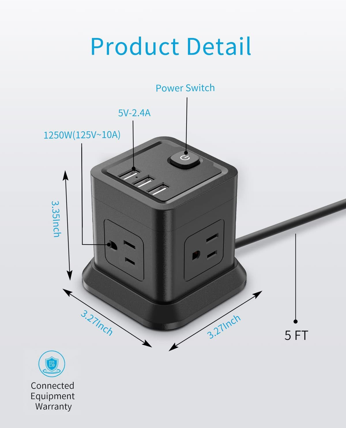 Power Strip with USB,  Flat Plug Extension Cord with 4 AC and 3 USB, 5 FT Power Cord Desktop Charging Station, Overload Protection, Compact Portable for Travel Home Office Cruise Ship - Black