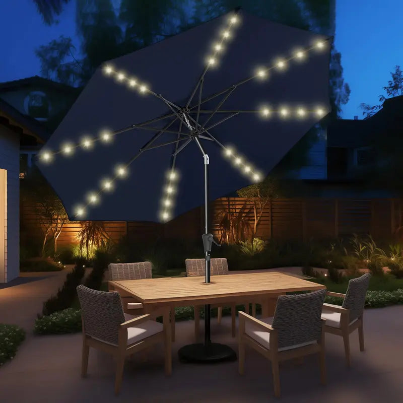 10Ft Solar Patio Umbrella - Solar Lights LED Lighted Outdoor Market Table Umbrella, UPF50+ UV Protection with Push Button Tilt, Crank for Pool Deck and Garden