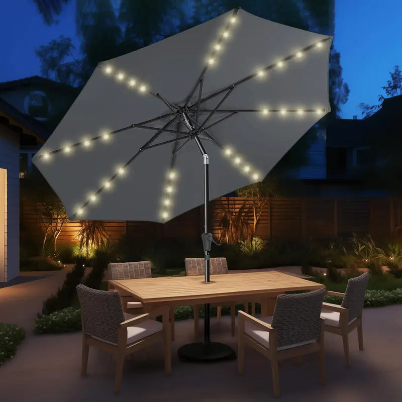 10Ft Solar Patio Umbrella - Solar Lights LED Lighted Outdoor Market Table Umbrella, UPF50+ UV Protection with Push Button Tilt, Crank for Pool Deck and Garden