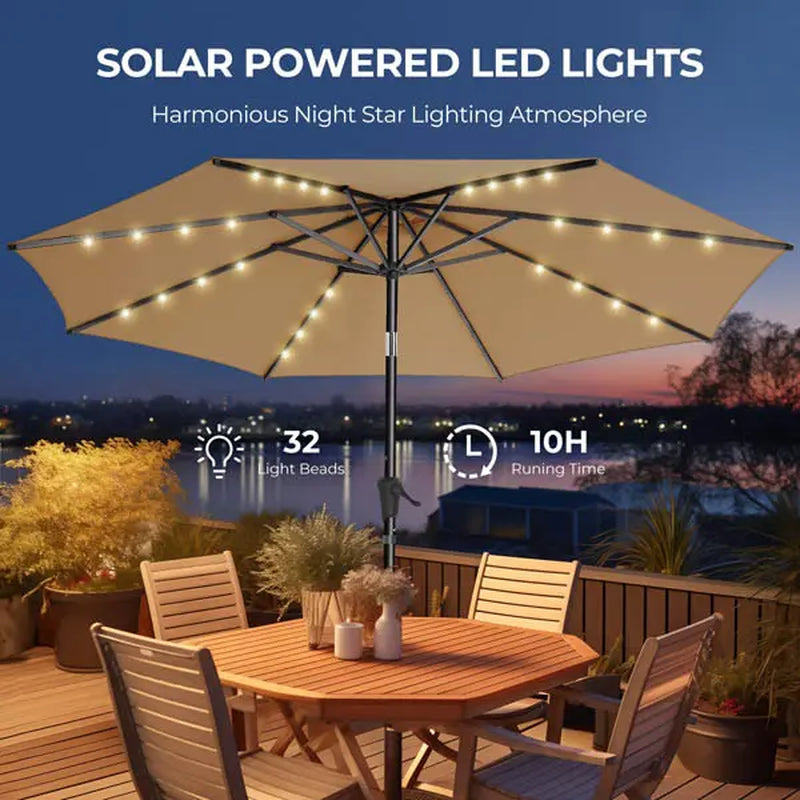 10Ft Solar Patio Umbrella - Solar Lights LED Lighted Outdoor Market Table Umbrella, UPF50+ UV Protection with Push Button Tilt, Crank for Pool Deck and Garden