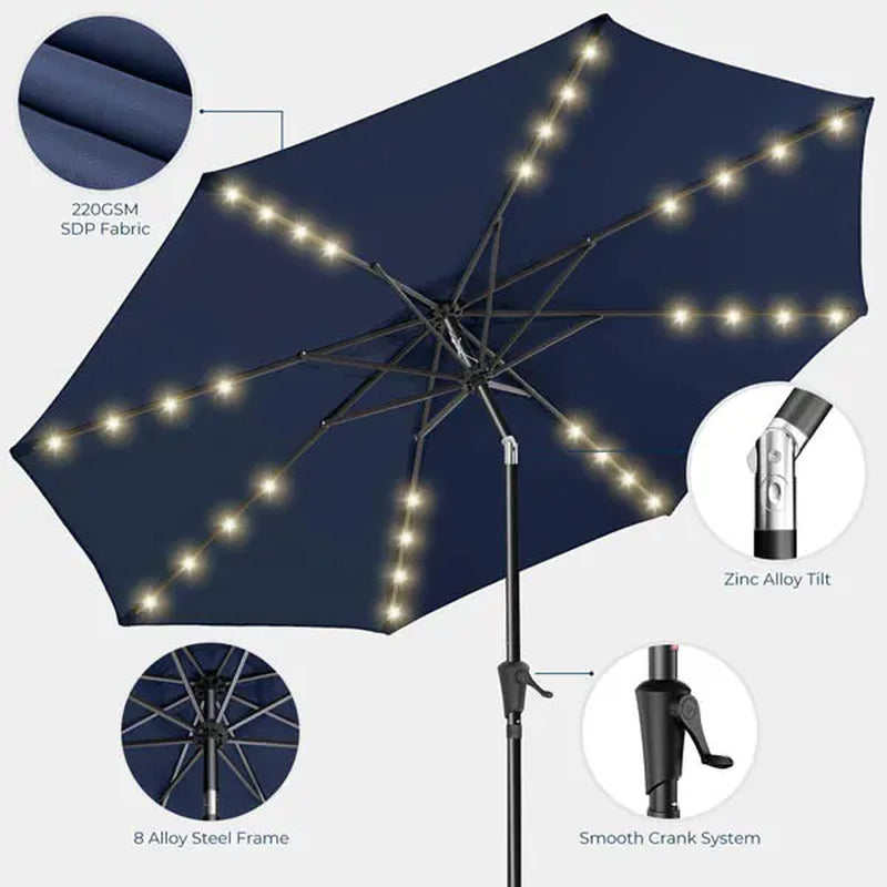 10Ft Solar Patio Umbrella - Solar Lights LED Lighted Outdoor Market Table Umbrella, UPF50+ UV Protection with Push Button Tilt, Crank for Pool Deck and Garden