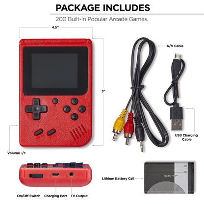 Arcade Fun Portable Gaming Console - Classic Retro Handheld with 200 Arcade Games, Red, Any Age