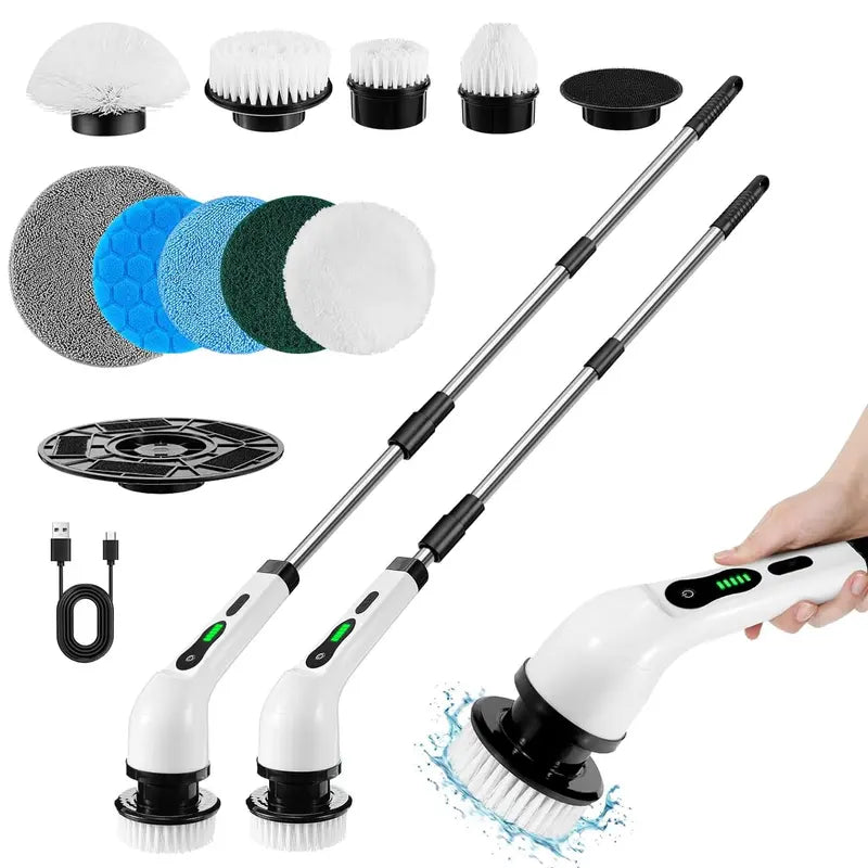 Electric Spin Scrubber, Summer Handheld Cleaning Brush with Adjustable Extension Rod & Replaceable Brush Heads, USB Rechargeable Cordless Shower Scrubber, Electric Cleaning Brush for Home Bathroom Bathtub, Bathroom Accessories, Back to School Gifts